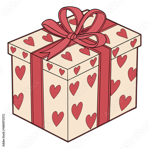 A cream colored gift box decorated with red hearts and tied with a red ribbon and bow on top created with generated ai