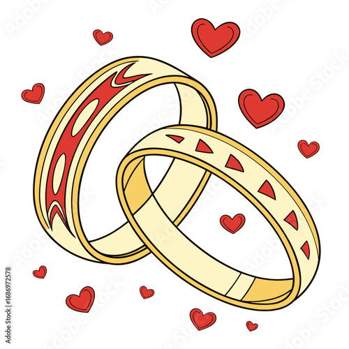 Illustration of two gold wedding rings intertwined surrounded by floating red hearts on white background created with generated ai