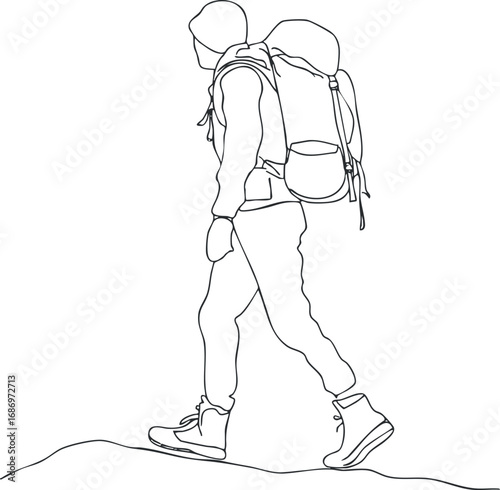 Line drawing of a person hiking outdoors with a backpack walking on a trail on a hill