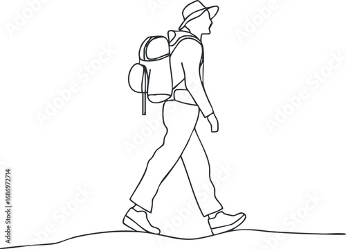 Minimalist one line drawing of a hiker with backpack walking outdoors on a trail