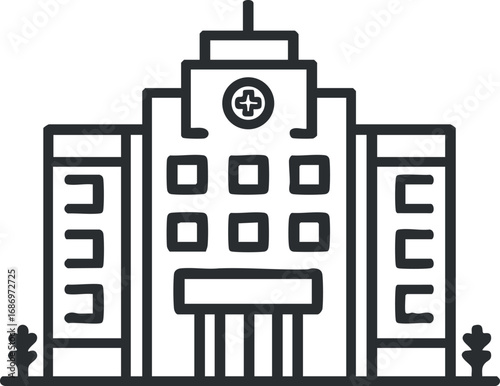Simple black and white line icon of a hospital building representing healthcare and medical services