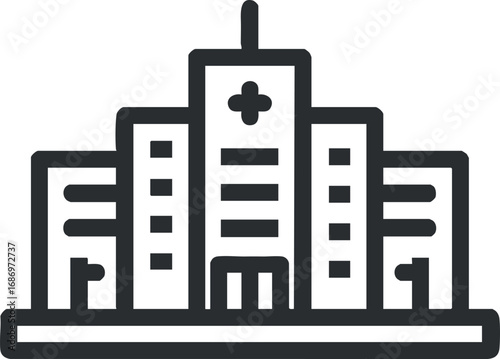 Line icon of a hospital building with medical cross symbol representing healthcare facility
