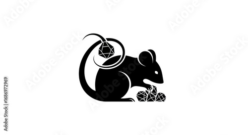 Black silhouette of a gaming mouse with polyhedral dice.