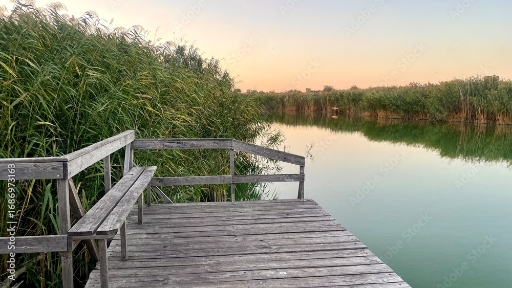 Obraz premium Wooden pier near reed thickets on a lake