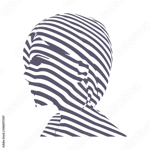 Young woman face represented in stripes. Elegant silhouette of a female head.