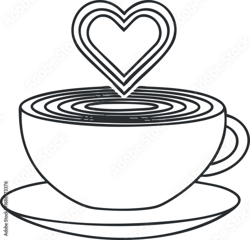 Stylized line art illustration of a coffee cup with concentric circles and a heart shape above it symbolizing love and warmth