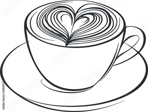 Black and white sketch of a coffee cup with heart-shaped latte art on a saucer