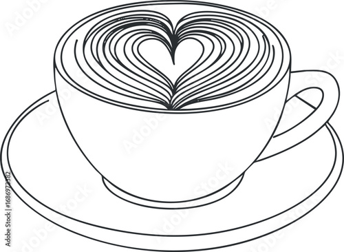 Outline drawing of a coffee cup with heart-shaped latte art on foam placed on a saucer