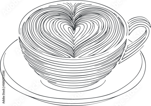 Black and white line art illustration of a coffee cup with heart-shaped latte art on a saucer