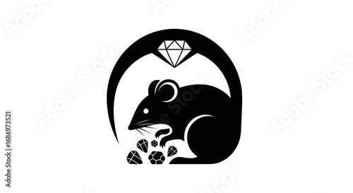 Stylized black silhouette of a mouse hoarding precious diamonds.