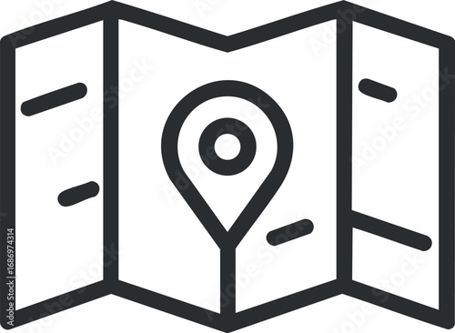 Black and white icon of a folded map with a location pin marking a specific point for navigation and travel guidance