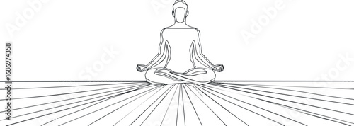 Minimalist line art of person meditating in lotus pose with concentric floor lines symbolizing focus and calm