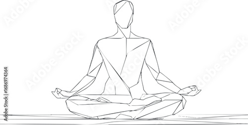 Abstract geometric line drawing of a person meditating in lotus pose representing mindfulness and relaxation