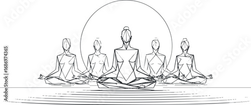 Line art illustration of five people sitting in lotus yoga meditation pose practicing mindfulness and relaxation together