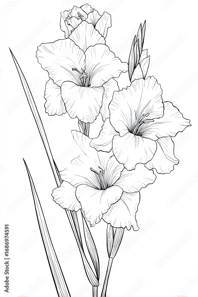 Fototapeta premium Detailed line drawing of gladiolus flowers and leaves