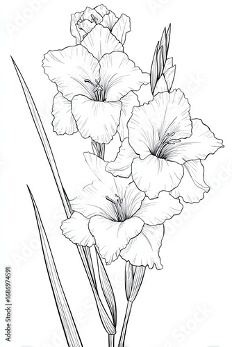 Detailed line drawing of gladiolus flowers and leaves
