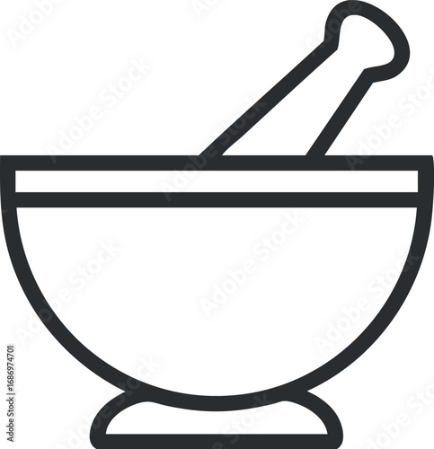 Simple black and white line icon of a mortar and pestle used for grinding and mixing ingredients in cooking or medicine preparation