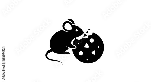 Black silhouette icon of a small mouse eating a chocolate chip cookie.