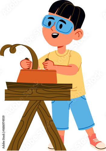 Boy Woodworking On Stand