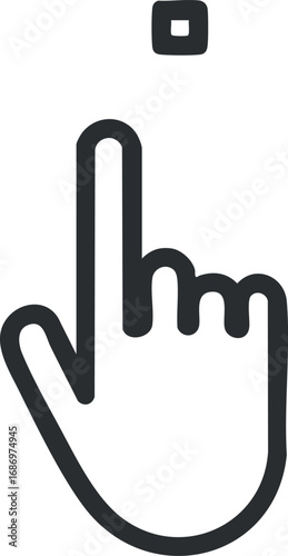 Simple black and white line art icon of a hand pointing with index finger to tap or click