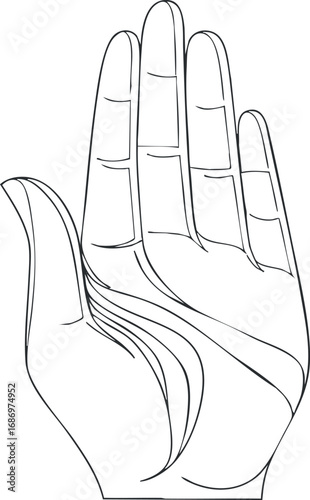 Black and white line art illustration of a human hand palm showing fingers and palm lines