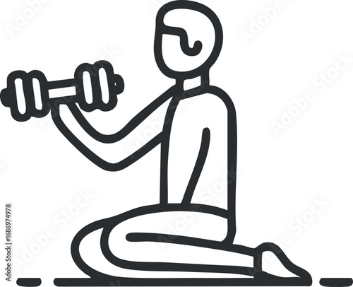Line art icon of a person kneeling and lifting a dumbbell for strength training exercise
