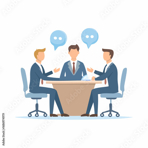Three business professionals communicating and discussing ideas around an office table