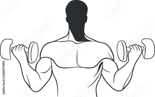Illustration of a muscular man lifting dumbbells for strength training and muscle building workout