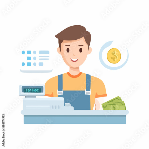 Smiling cashier with money and a cash register, ready to serve customers in store