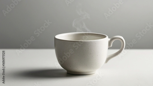 Wallpaper Mural Realistic studio shot of a steaming ceramic mug on a pristine white surface with a clean, minimalist grey background, evoking warmth and comfort. Torontodigital.ca
