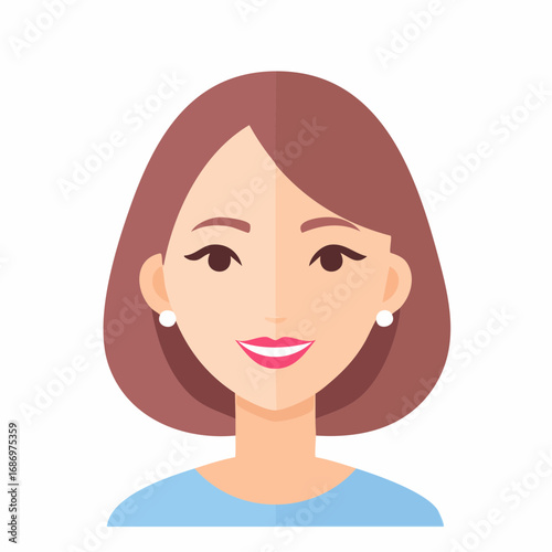 Smiling woman avatar with short auburn hair and pearl earrings, wearing a blue top, Vector Illustration