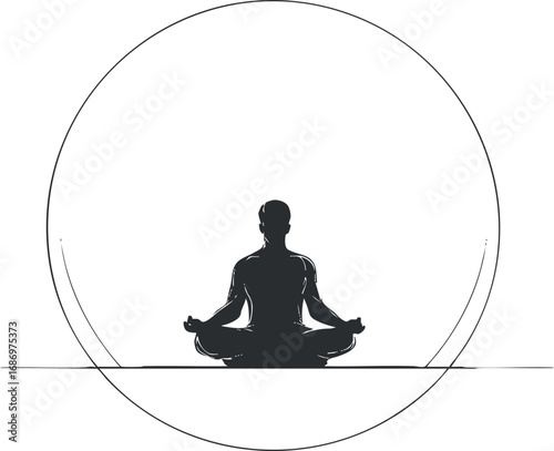 Silhouette of a person meditating in lotus pose inside a circular outline symbolizing calm and balance