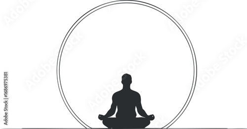 Silhouette of a person meditating in a lotus position inside a circle symbolizing mindfulness and inner peace