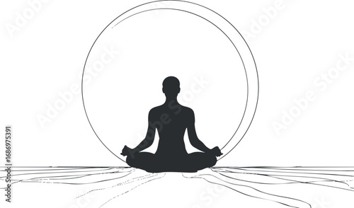 Silhouette of a woman meditating in lotus pose with a circular sun symbolizing calm and inner peace