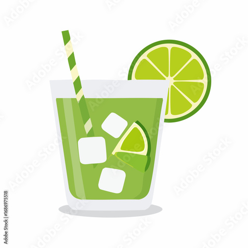 Refreshing lime green drink with ice cubes, a striped straw, and citrus garnish, vector illustration