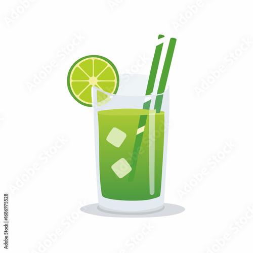 Refreshing green cocktail drink vector illustration with lime slice and straw, summer cold beverage with ice
