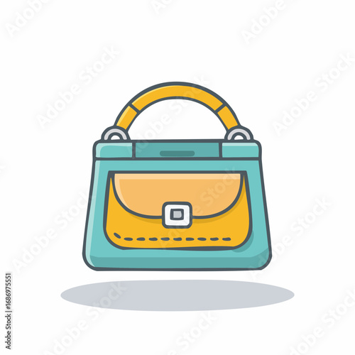 Stylish teal and yellow handbag with curved handle and clasp