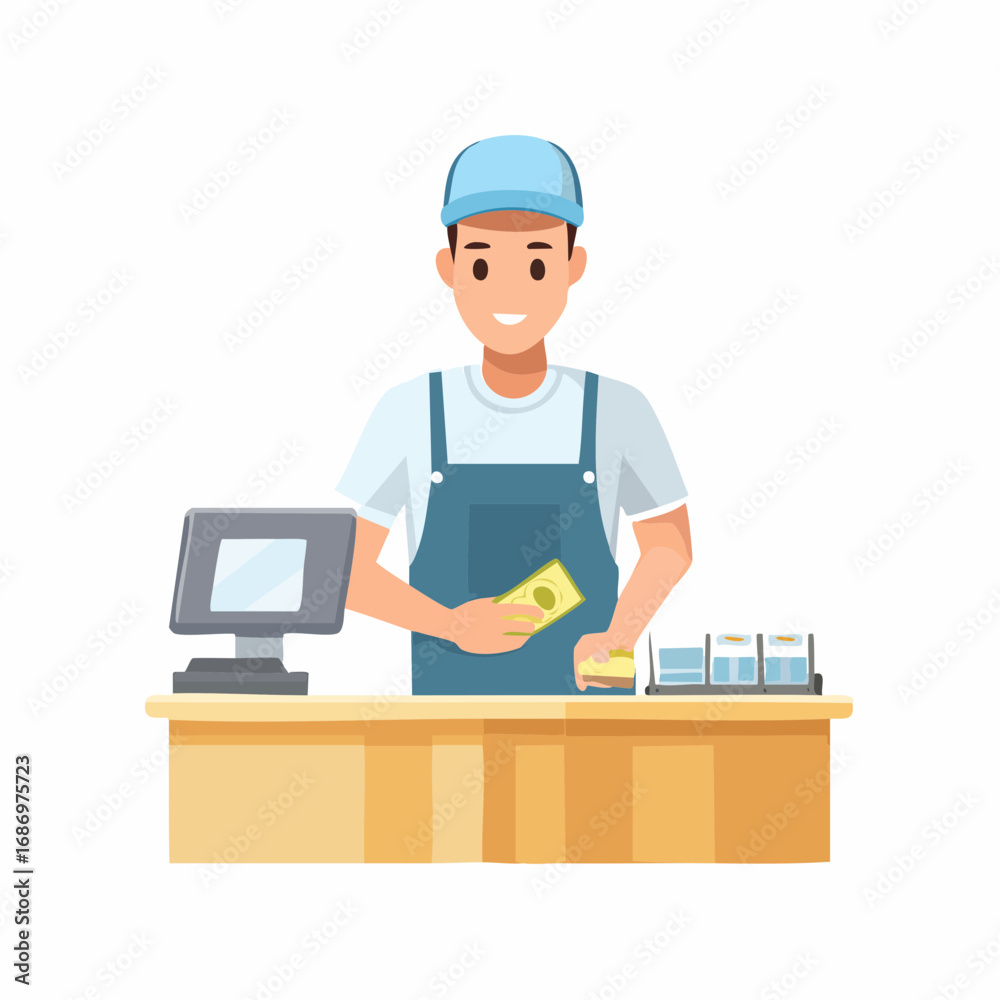 Cartoon Man Working Checkout Holding Cash With Monitor and Cash Register on Wood Counter Cartoon Man Working Checkout Holding Cash With Monitor and Cash Register on Wood Counter