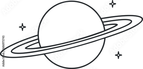 Black and white line drawing of a planet with rings and surrounding stars in space
