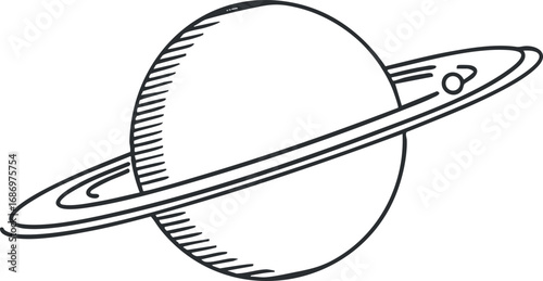 Black and white lineart illustration of a planet with rings, resembling Saturn in space.