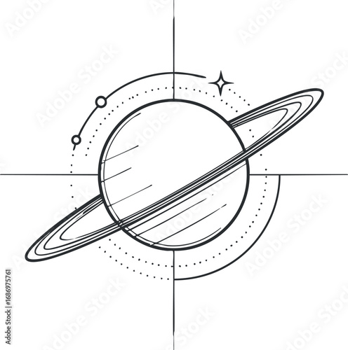 Black and white line art illustration of a ringed planet with orbiting moons and stars in space