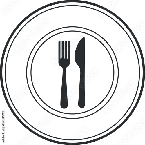 Black and white icon of a fork and knife on a plate symbolizing dining or tableware