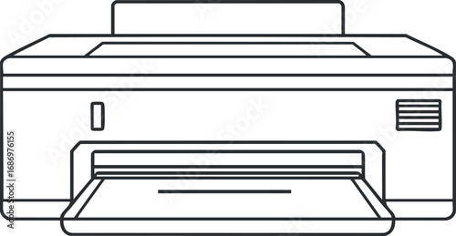 Simple black and white line illustration of a printer machine used for office and home printing tasks