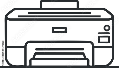 Black and white line art illustration of a printer machine used for printing documents in office or home