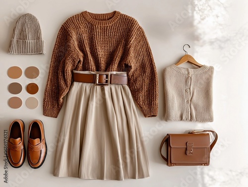 Autumn wardrobe layout featuring a knitted sweater, pleated skirt, boots, loafers, and accessories in earth tones. Perfect for showcasing seasonal fashion and style coordination.
