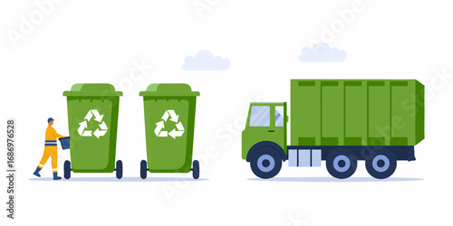 Sanitation worker collecting waste from green recycling bins with a garbage truck in the background