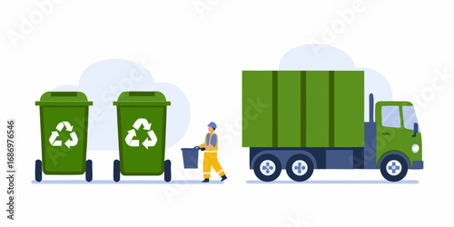 Sanitation worker collecting trash from recycling bins with a garbage truck