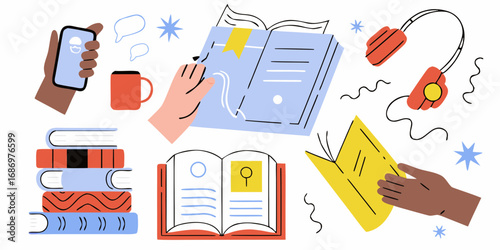 Collection of hands interacting with books a smartphone headphones and a coffee mug representing learning and leisure activities