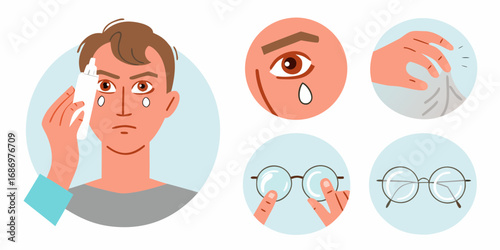 Man applying eye drops and caring for his vision with glasses and tissue