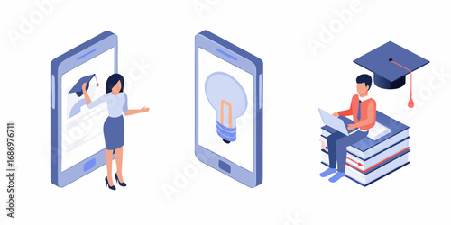 Online education concept with students learning and teachers instructing through mobile devices and books